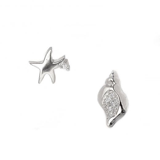 925 Sterling Silver rhodium plated earrings with white cubic zirconia, starfish and shell