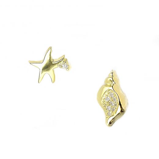 925 Sterling Silver gold plated earrings with white cubic zirconia, starfish and shell