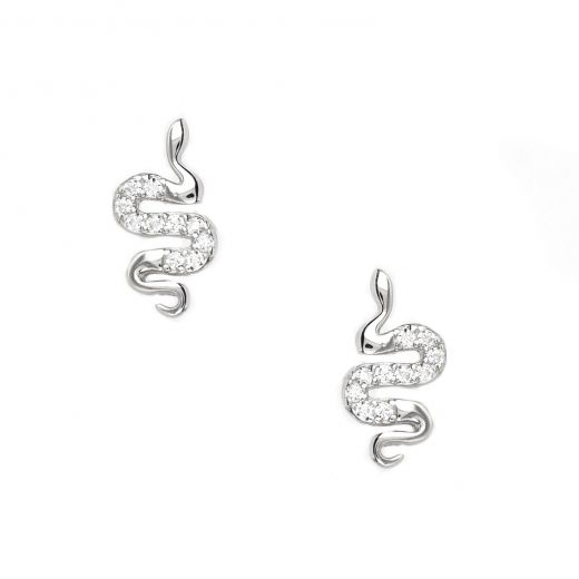 925 Sterling Silver rhodium plated earrings with white cubic zirconia and snake design