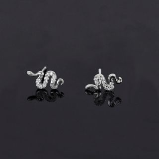 Ασημένια σκουλαρίκια επιροδιωμένα με λευκά ζιργκόν και σχέδιο φίδι - 