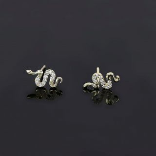 Ασημένια σκουλαρίκια επιχρυσωμένα με λευκά ζιργκόν και σχέδιο φίδι - 