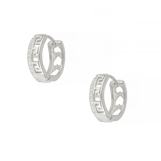 925 Sterling Silver small hoop rhodium plated earrings with meander design, hearts on the back side and white cubic zirconia