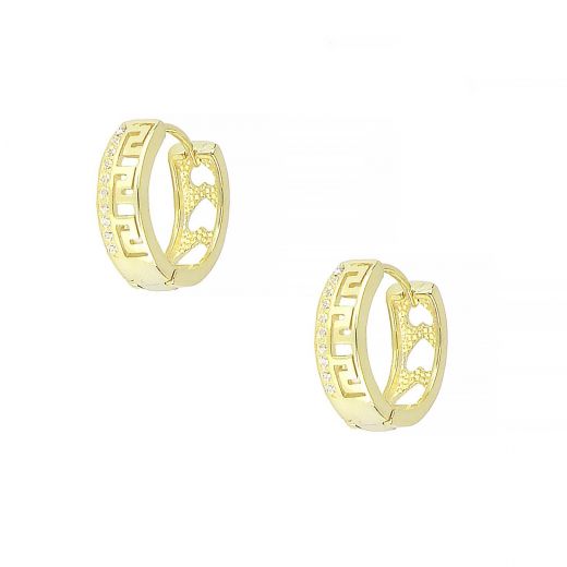 925 Sterling Silver small hoop gold plated earrings with meander design, hearts on the back side and white cubic zirconia