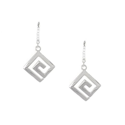 925 Sterling Silver rhodium plated earrings with meander design, hearts on the back side and white cubic zirconia