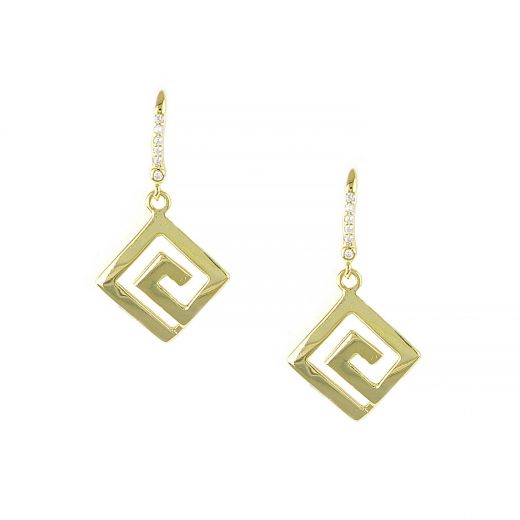 925 Sterling Silver gold plated earrings with meander design, hearts on the back side and white cubic zirconia