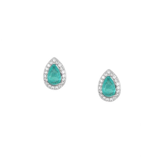 925 Sterling Silver stud earrings and white cubic zirconia and tourmaline in a teardrop design