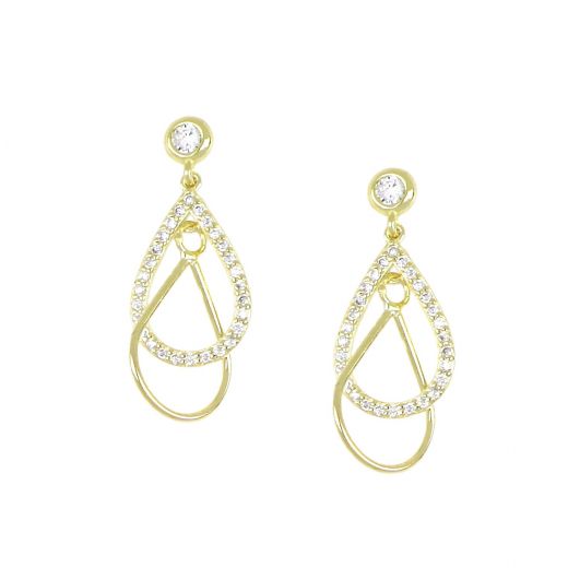 925 Sterling Silver stud earrings gold plated with white cubic zirconia in a teardrop design
