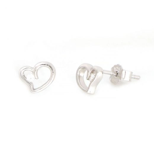 925 Sterling Silver kids' earrings rhodium plated with a heart design and white cubic zirconia