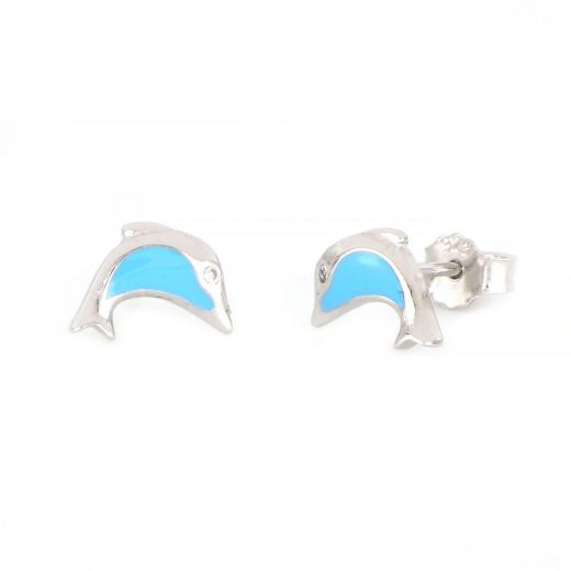 925 Sterling Silver kids' earrings rhodium plated with light blue dolphins design