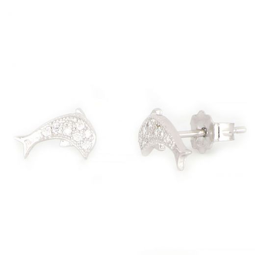 925 Sterling Silver kids' earrings rhodium plated with white cubic zirconia on two dolphins