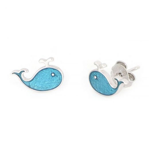 925 Sterling Silver kids' earrings rhodium plated with light blue whales design