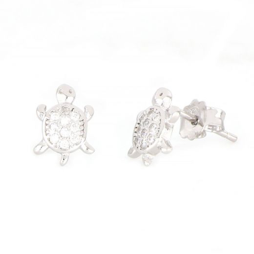 925 Sterling Silver kids' earrings rhodium plated with turtles design and white cubic zirconia