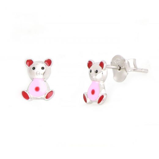 925 Sterling Silver kids' earrings rhodium plated with pink bears design