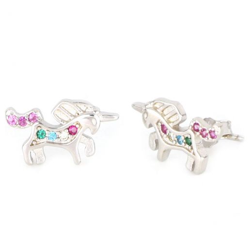 925 Sterling Silver kids' earrings rhodium plated with unicorns design and multicolored cubic zirconia