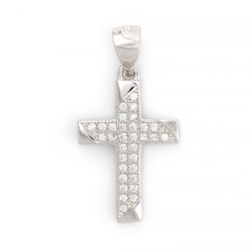 925 Sterling Silver cross rhodium plated with white cubic zirconia 24x12mm