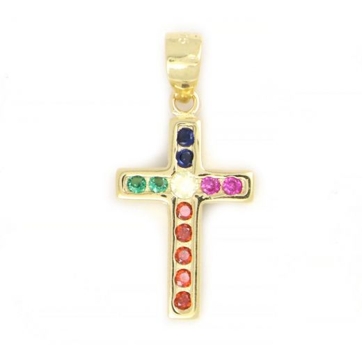 925 Sterling Silver cross gold plated with multicolored cubic zirconia