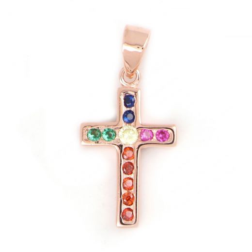 925 Sterling Silver cross rose gold plated with multicolored cubic zirconia