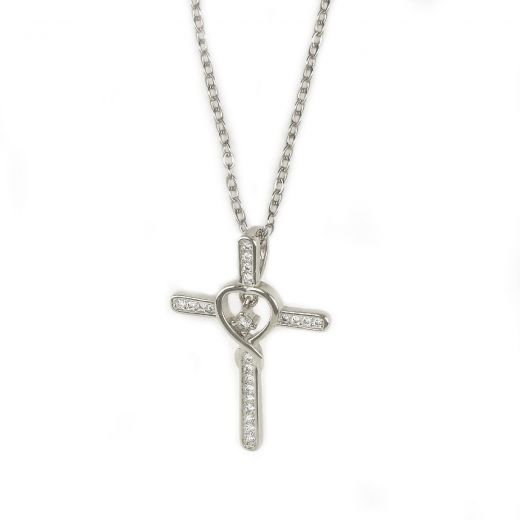 925 Sterling Silver rhodium plated cross and chain with white zircons "SNAKES"