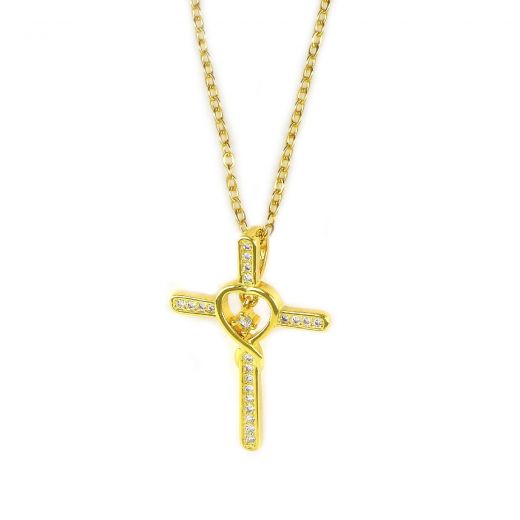 925 Sterling Silver gold plated cross and chain with white zircons "SNAKES"