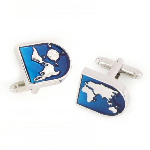 Cufflinks made of copper rhodium plated with the map of the earth