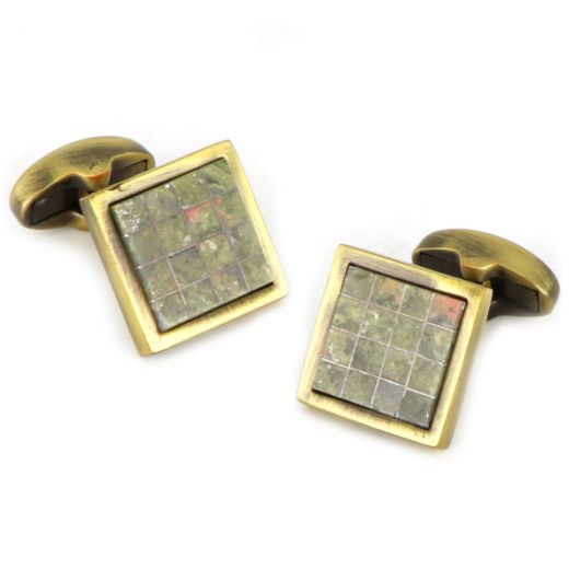 Cufflinks made of copper rhodium plated with stone in mosaic shape