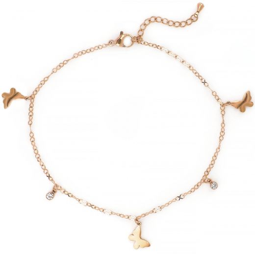 Anklet made of stainless steel in rose gold plated color with butterflies