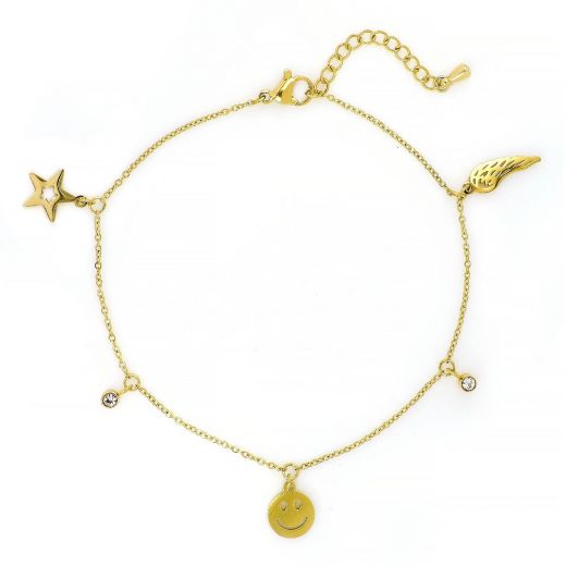Anklet made of stainless steel in gold plated color with impressive charms