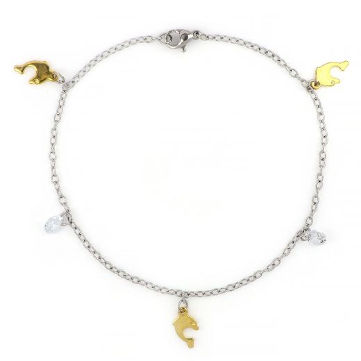 Anklet made of stainless steel in gold plated color with dolphins