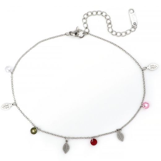 Anklet made of stainless steel  with multicolor crystals and silver leaflets