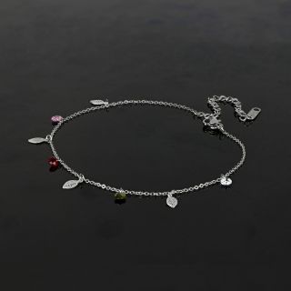 Anklet made of stainless steel  with multicolor crystals and silver leaflets - 
