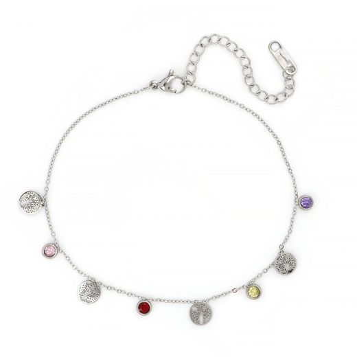Anklet made of stainless steel with trees of life and multicolor crystals