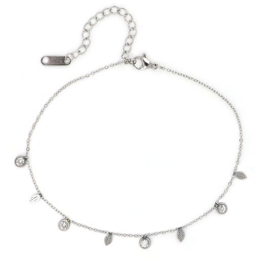Anklet made of stainless steel with white crystals and thin leaflets