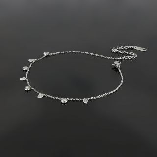 Anklet made of stainless steel with white crystals and thin leaflets - 