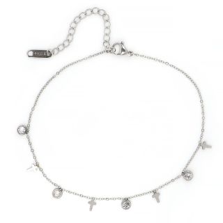 Anklet made of stainless steel with elegant small crosses and white crystals