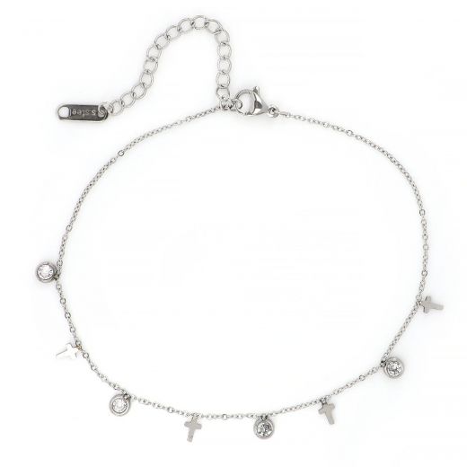 Anklet made of stainless steel with elegant small crosses and white crystals