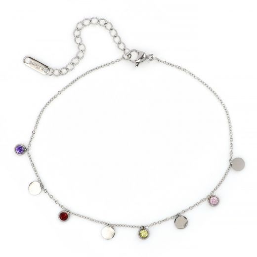 Anklet made of stainless steel multicolor crystals with elegant charms in silver color