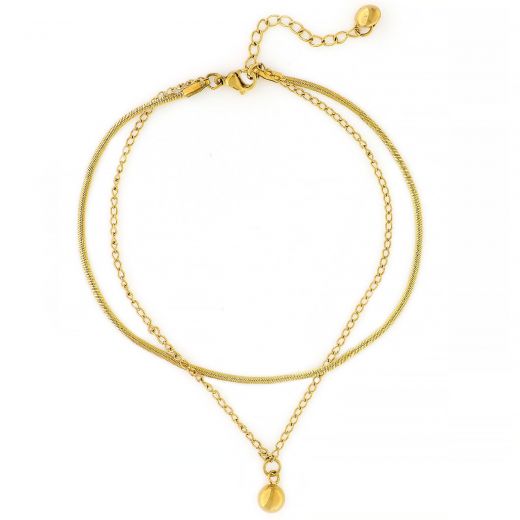 Stainless steel gold plated anklet with two chains and a ball
