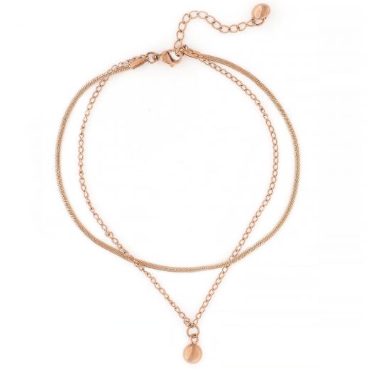 Stainless steel rose gold plated anklet with two chains and a ball