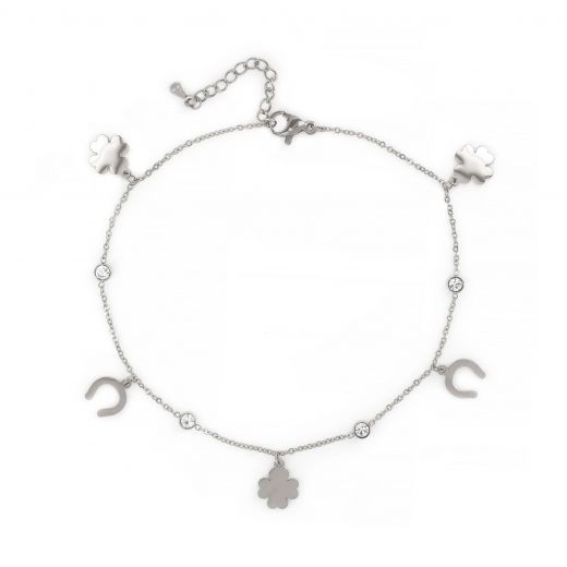 Stainless steel anklet with clovers and horseshoes
