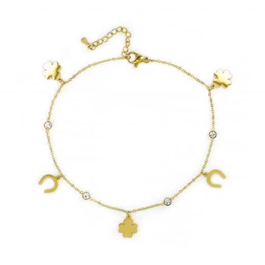 Stainless steel gold plated anklet with clovers and horseshoes