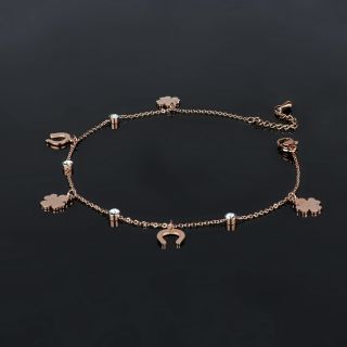 Stainless steel rose gold plated anklet with clovers and horseshoes - 