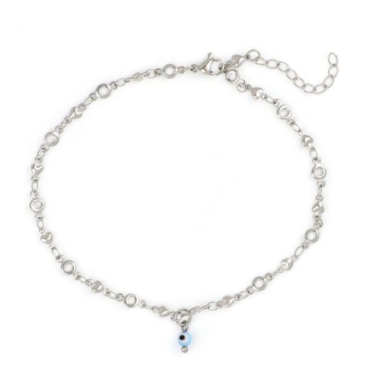 Stainless steel anklet, with chain of hearts and circles and light blue evil eye