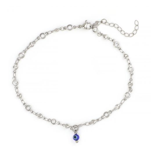 Stainless steel anklet, with chain of hearts and circles and blue evil eye