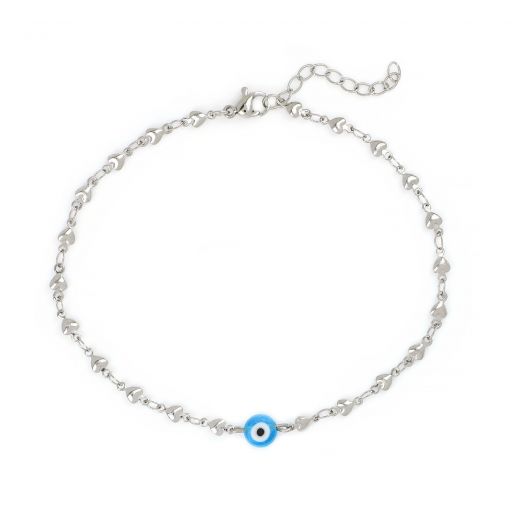 Stainless steel anklet, with chain of hearts and light blue evil eye