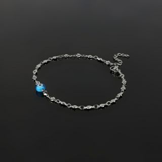 Stainless steel anklet, with chain of hearts and light blue evil eye - 