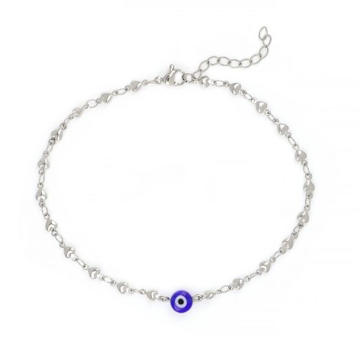 Stainless steel anklet, with chain of hearts and blue evil eye