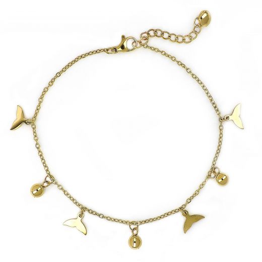 Stainless steel gold plated anklet with dolphin tales and crystals