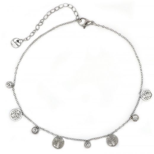 Stainless steel anklet with tree of life and crystals