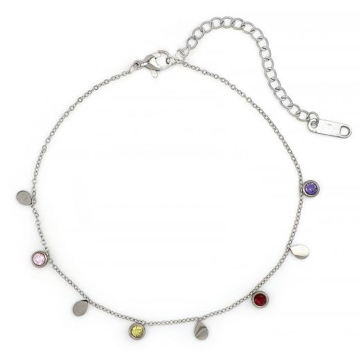 Stainless steel anklet with multicolored crystals and tear charms