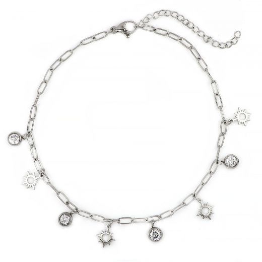 Stainless steel anklet with suns and crystals